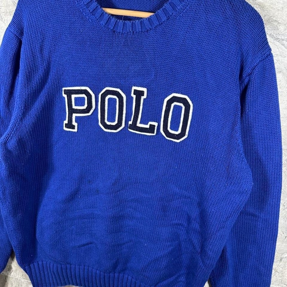 Polo Ralph Lauren Mens Large Logo Crewneck Knit Blue Sweater Crew Neck - Picture 2 of 7